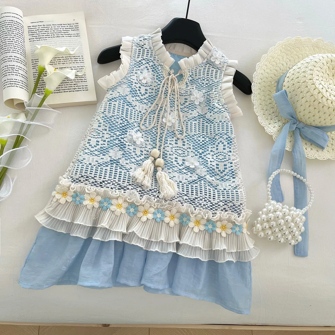 2025夏季新款儿童女清新蓝条纹镂空连衣裙套装SL0182