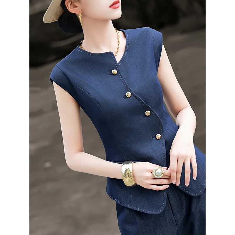 0866夏季新款无袖单排扣马甲上衣阔腿裤套装