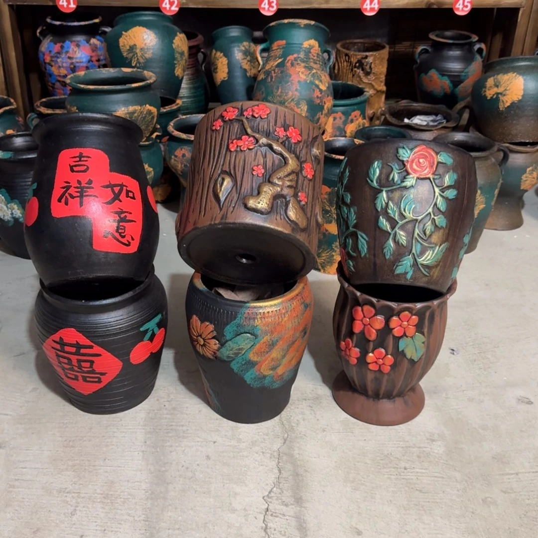 红陶浮雕花盆炸炸炸