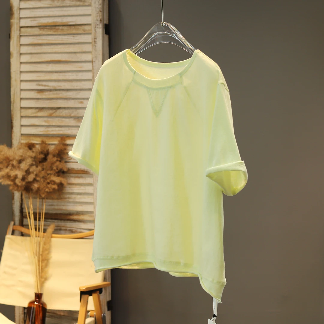 夏季上新2025年简单拼接竹节棉卷边上衣纯色百搭亚麻卷边韩系T恤