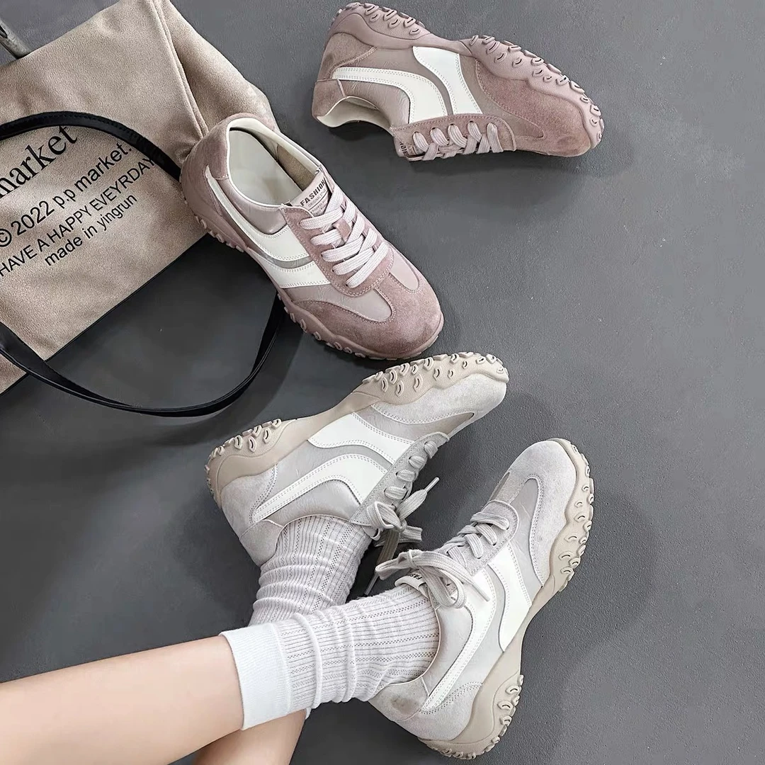 真皮女鞋2025春季新款户外运动休闲鞋百搭平底软底阿甘德训鞋