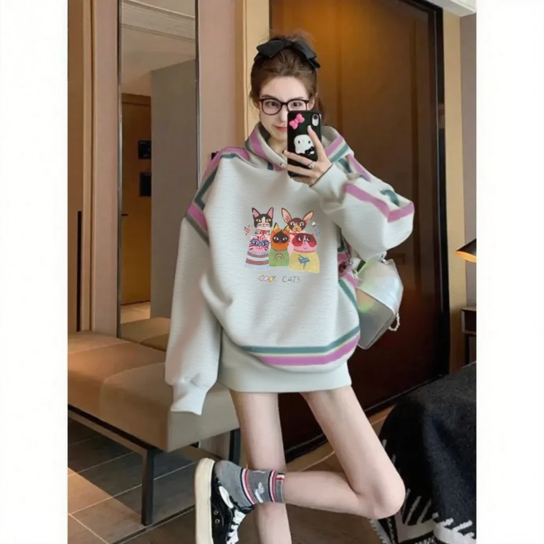 加绒加厚不起球连帽女卫衣动漫卡通印花2025秋冬新款休闲套头衫