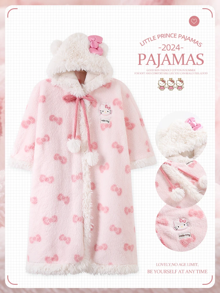 斗篷玛丽猫睡袍女秋冬季加绒加厚珊瑚绒可爱睡衣法兰绒冬天家居服