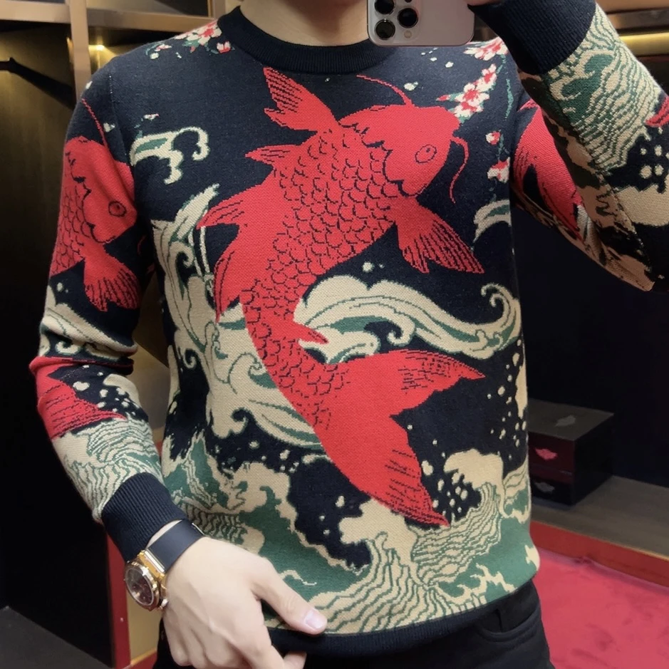 1878#【开运穿搭】新年款男士秋冬提花锦鲤针织圆领毛衣红色