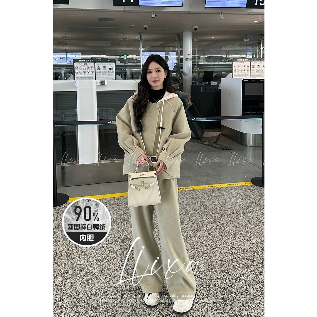 Liixu秋冬时尚连帽宽松羽绒内胆外套女高腰阔腿裤两件套L48TZ071