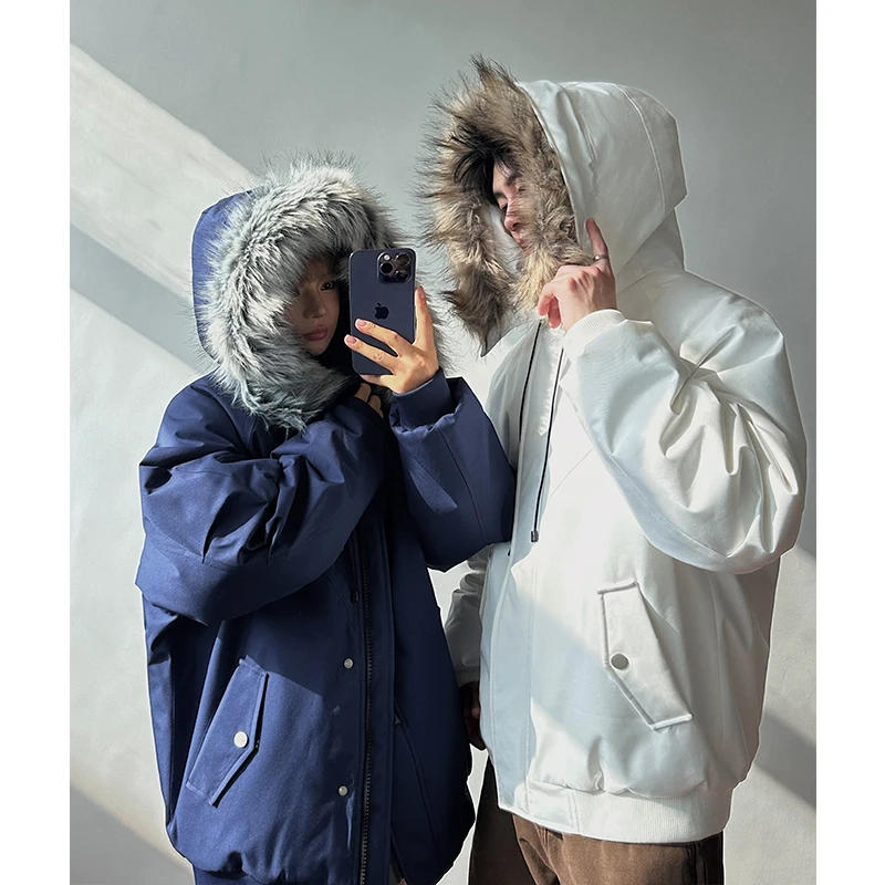 美式情侣装派克棉服男冬季高级感保暖毛领外套连帽飞行夹克棉衣