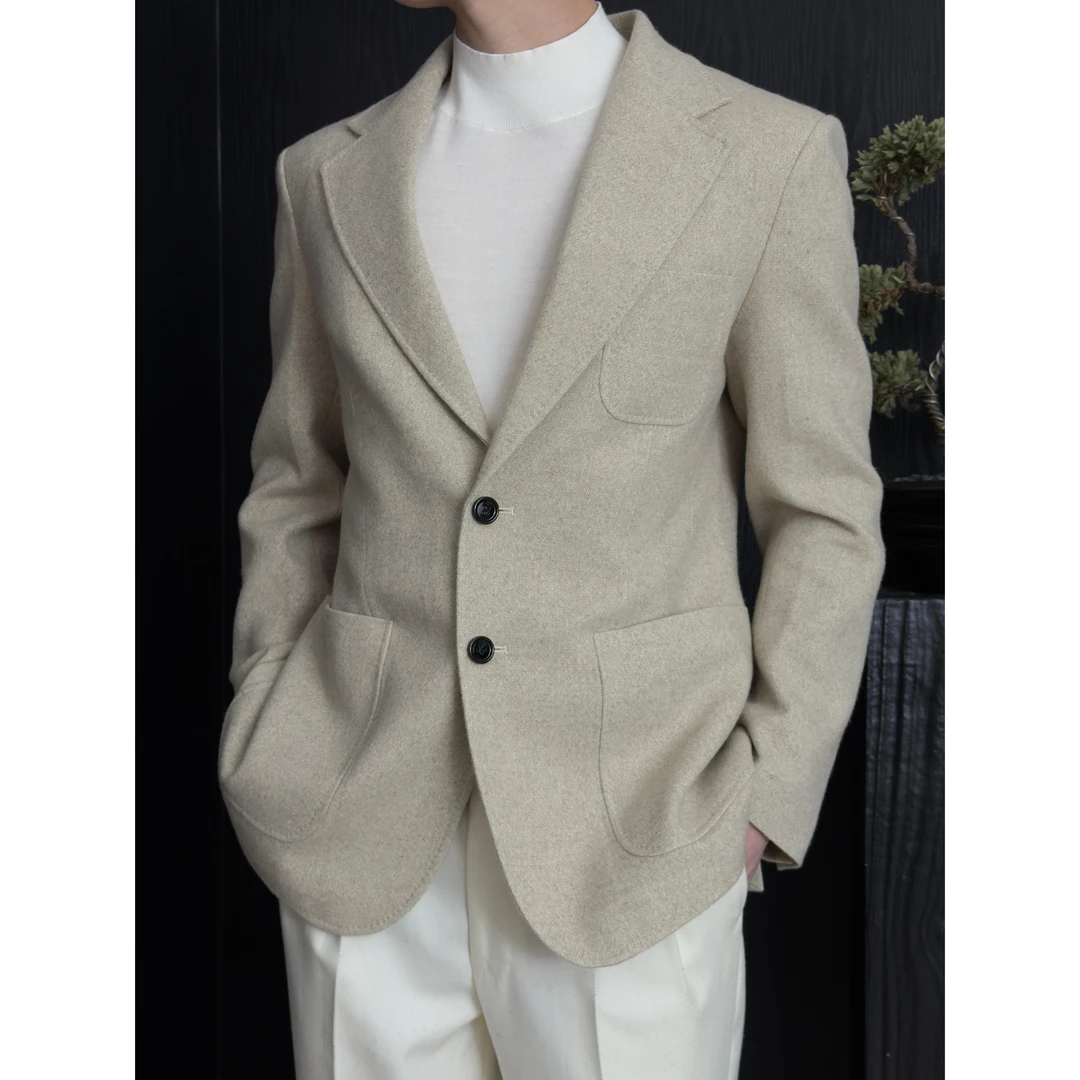 HEIMVYTES米灰金色细闪平驳领单排双扣男士西装外套秋冬男士西服