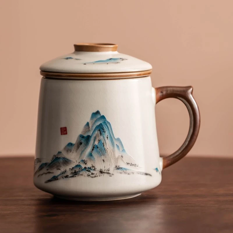 山水画千里江山茶水分离陶瓷水杯茶杯主人杯办公杯带盖泡茶杯办公