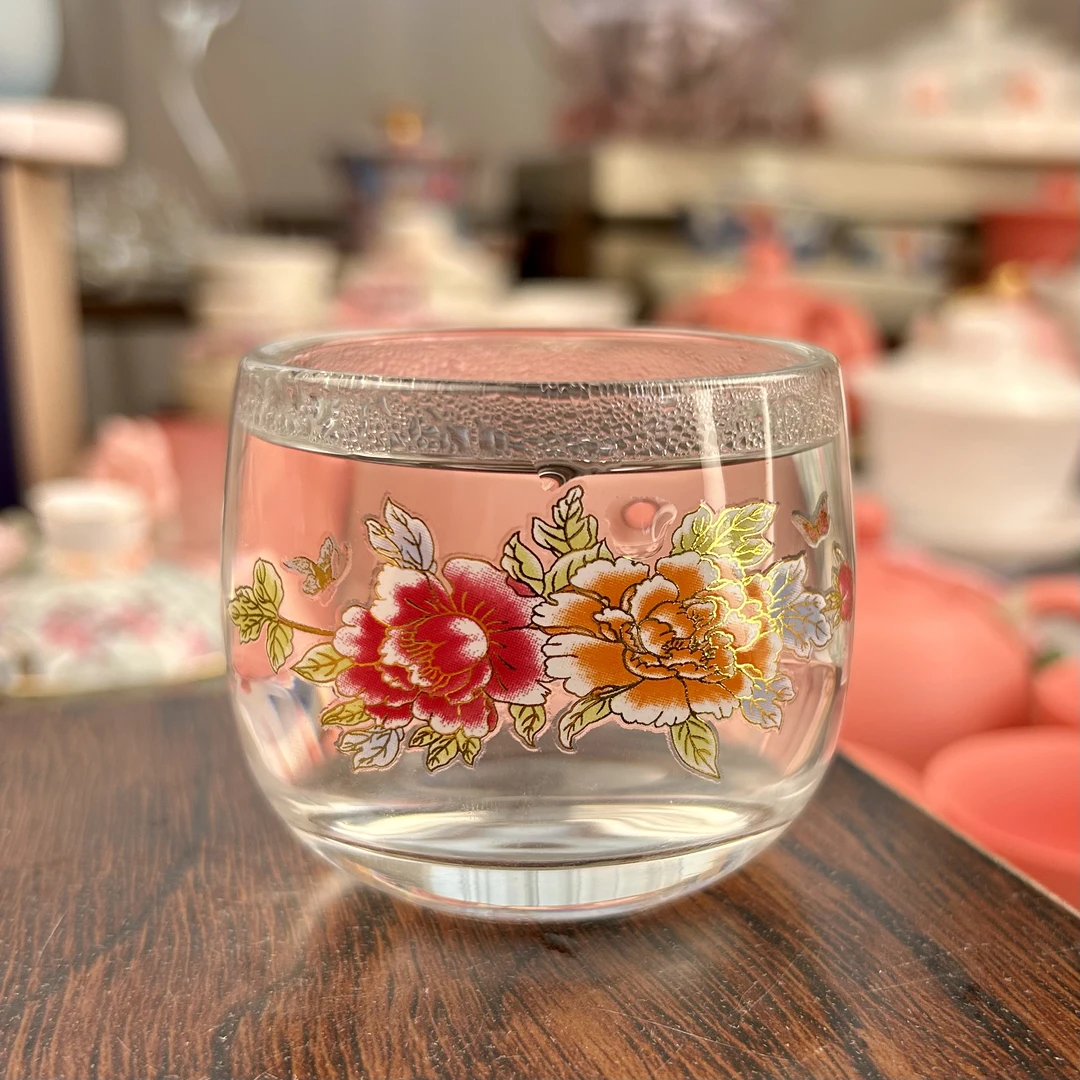 【闪购链接】牡丹花变色茶杯加厚玻璃杯直径6.5cm高5.5cm容量100ml