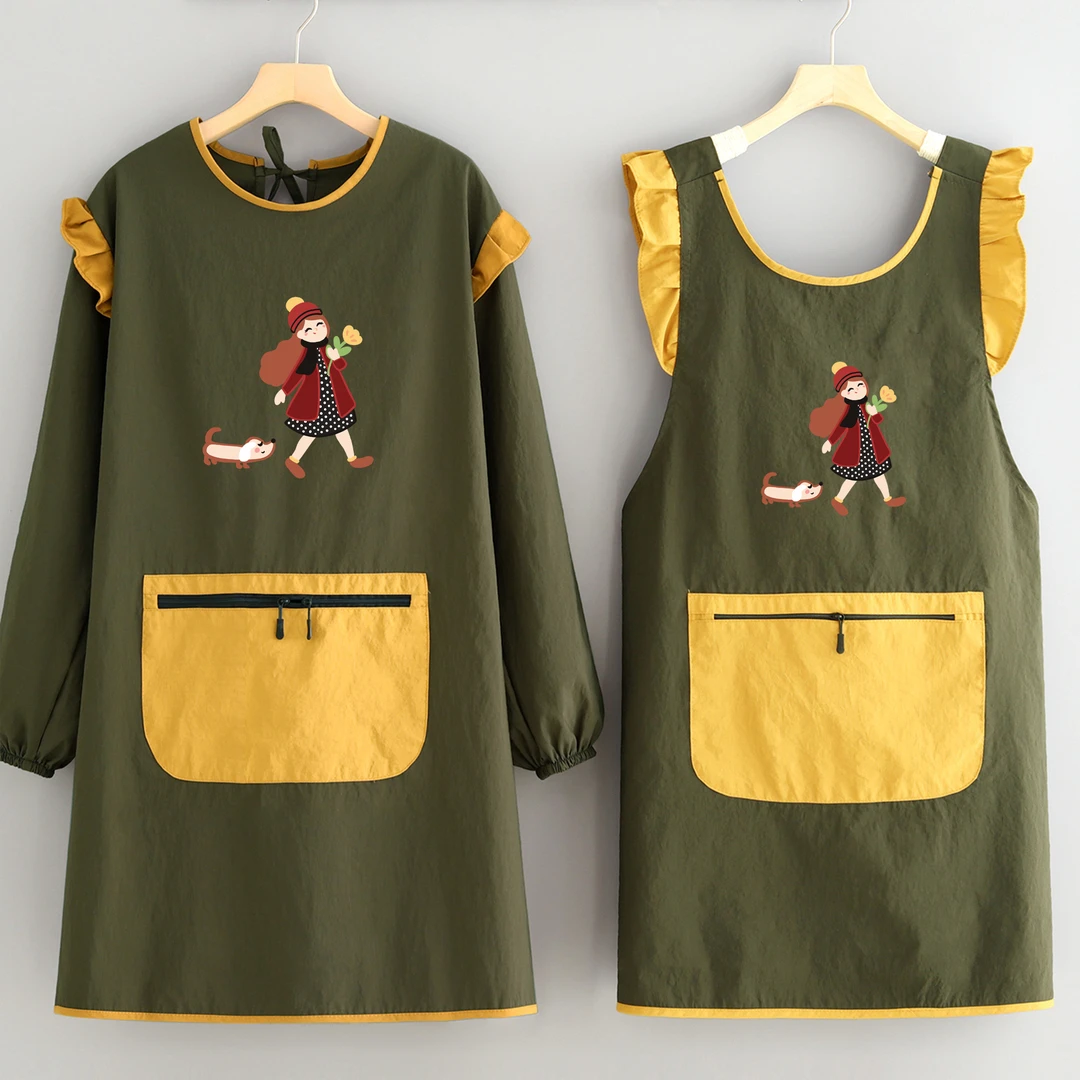 时尚新款防泼水花边围裙家用厨房做饭长袖罩衣餐饮工作服定制印字