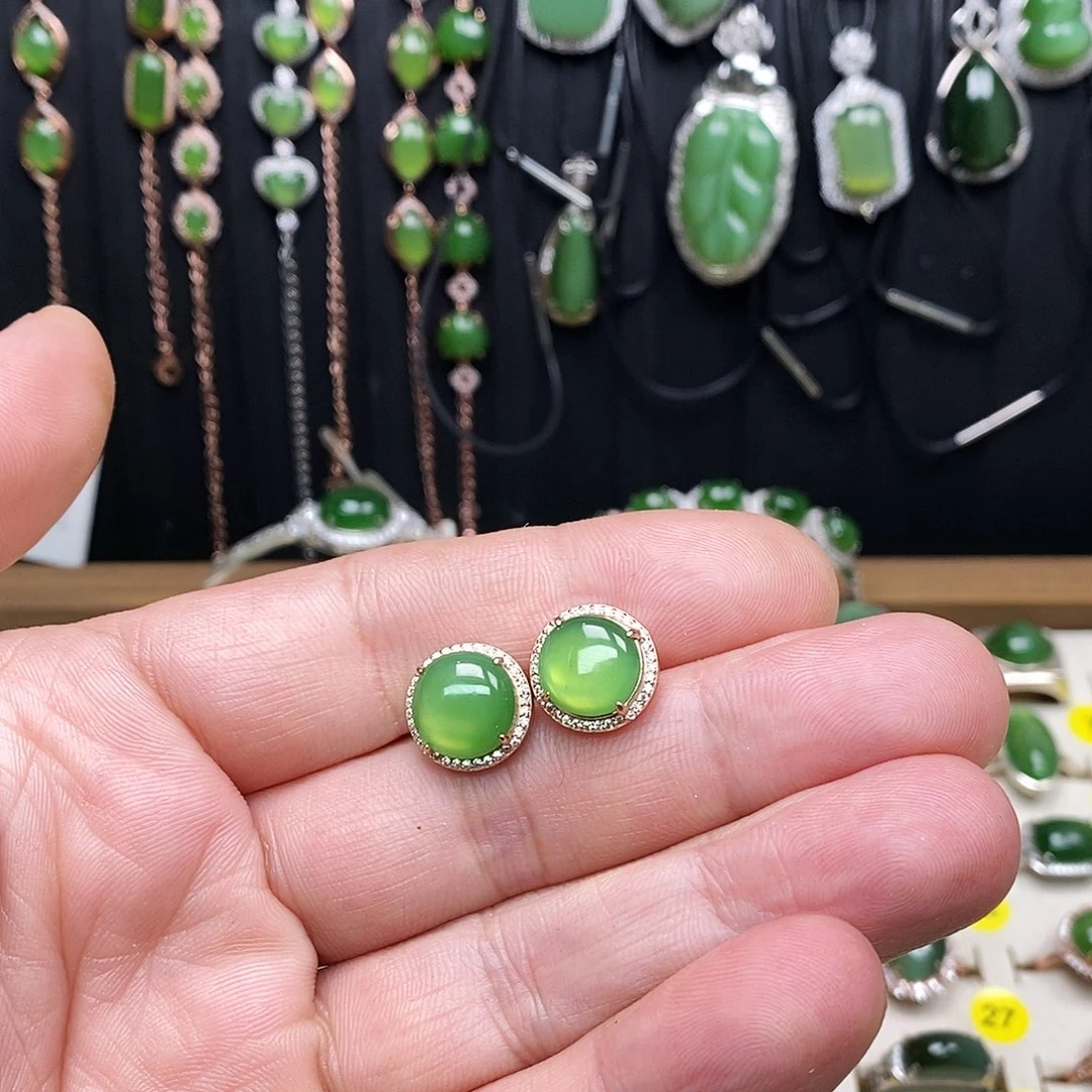 和田玉（碧玉）银S925镶嵌耳饰