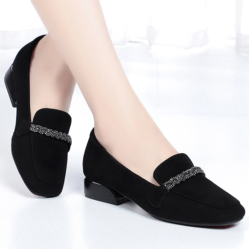 22秋新款女单皮鞋中跟粗跟牛绒复古女靴单鞋PJ8328加大码43