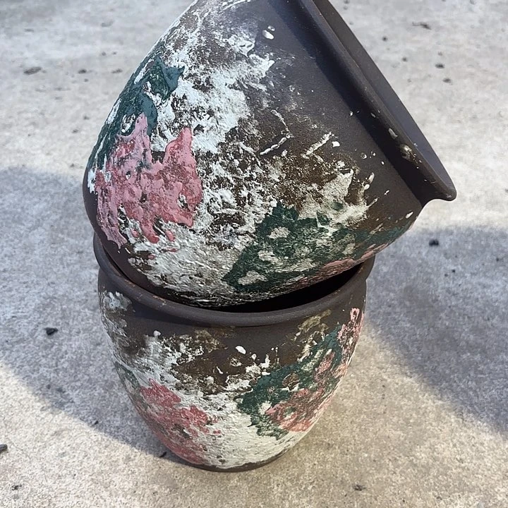 紫砂茶碗油画两个口径20*20