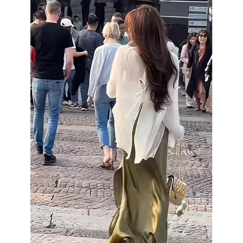 背镂空开叉蝴蝶绑带披肩夏凉感薄纱罩衫外搭天丝衬衫女上衣