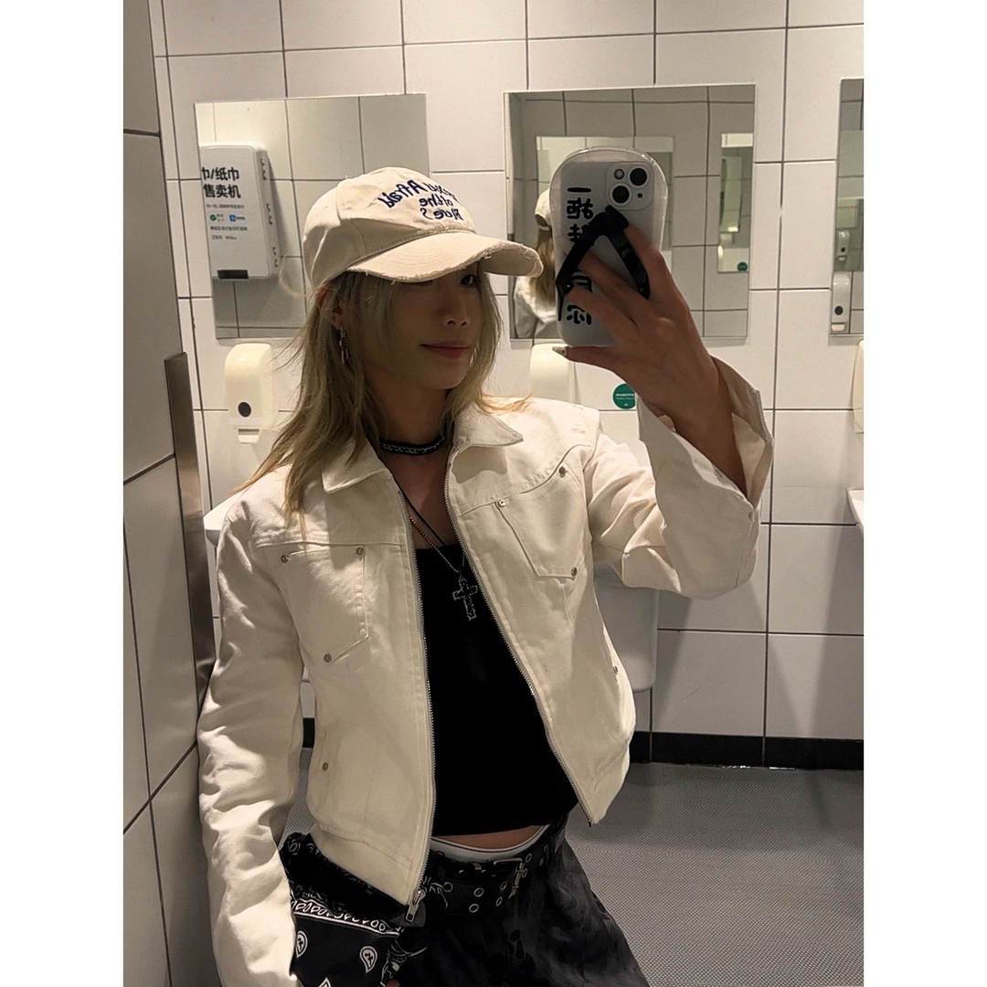 纯色铆钉口袋拉链工装风夹克外套女街头痞帅宽松翻领开衫辣妹上衣