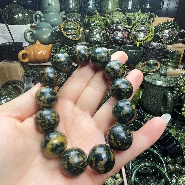 致***方蛇纹石玉未镶嵌珠宝半成品藏玉药王石福利款金花1.8手串