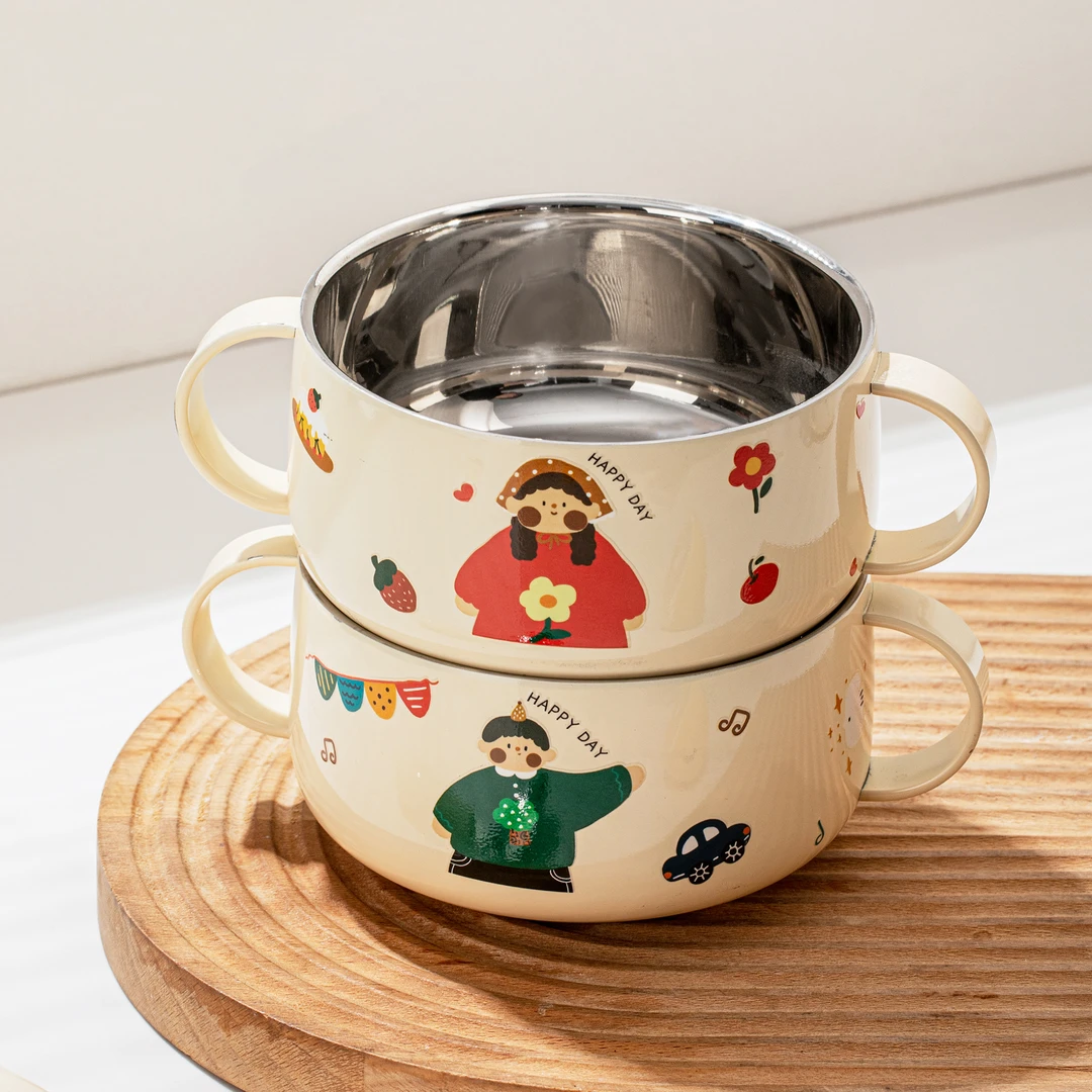 316不锈钢儿童碗宝宝吃饭专用双耳碗防烫防摔餐碗婴儿辅食碗带盖