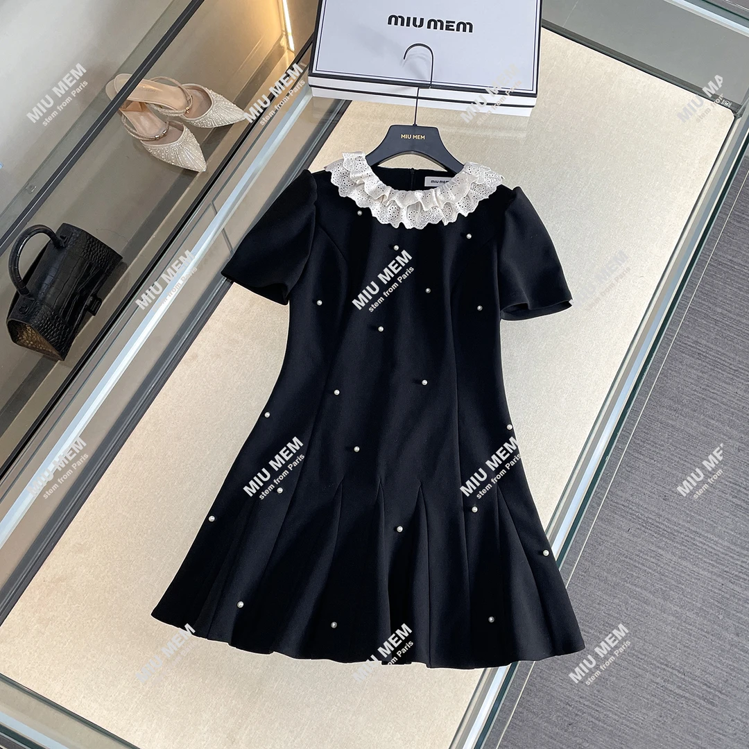 MIUMEM春季法式小香风荷叶边钉珠收腰短款连衣裙女DY6435