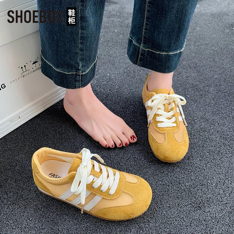 SHOEBOX鞋柜复古黄色德训鞋女2025夏新款透气网面阿甘休闲鞋子