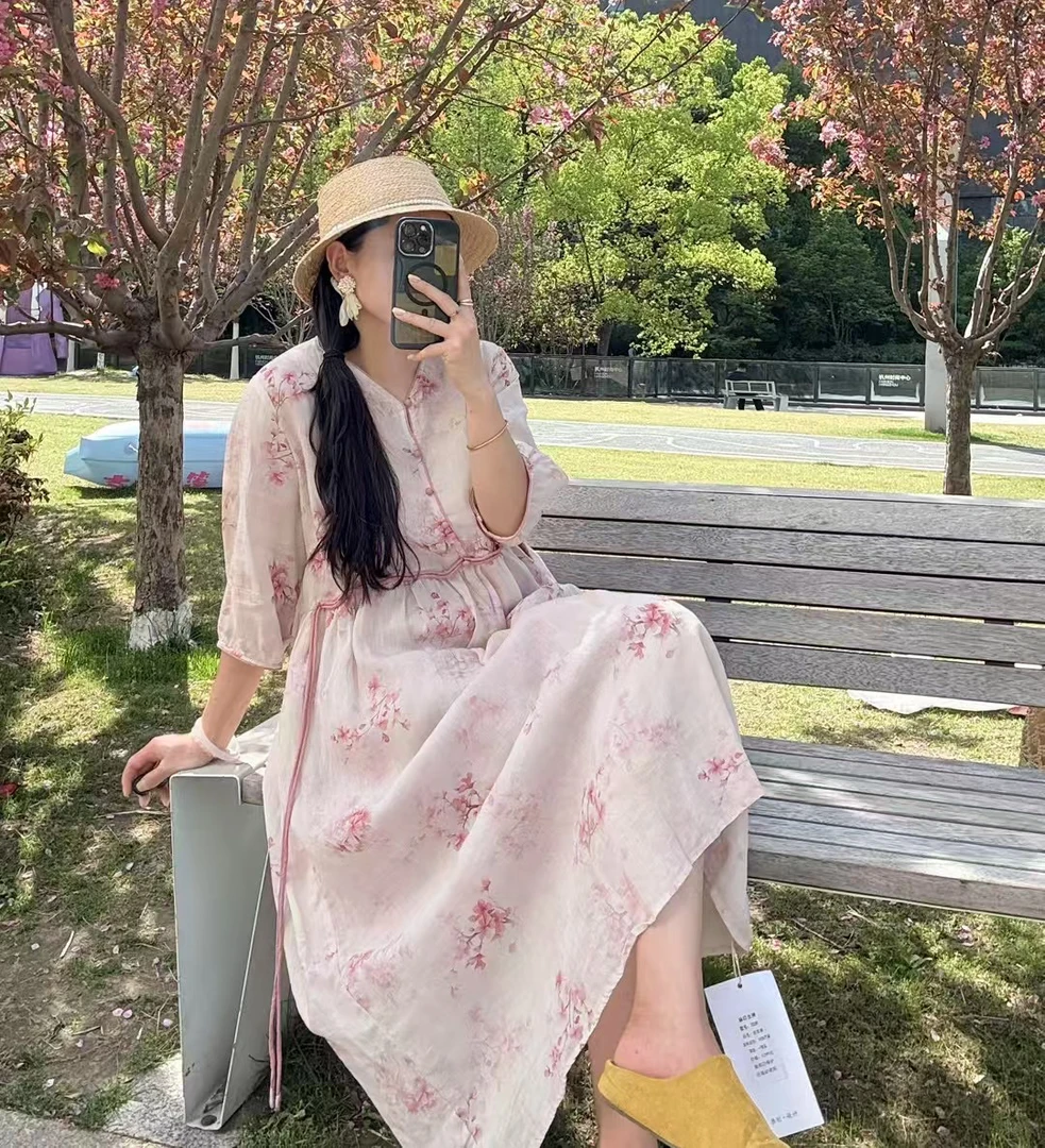 文艺印花连衣裙中式设计感显瘦气质棉麻长裙夏季新款