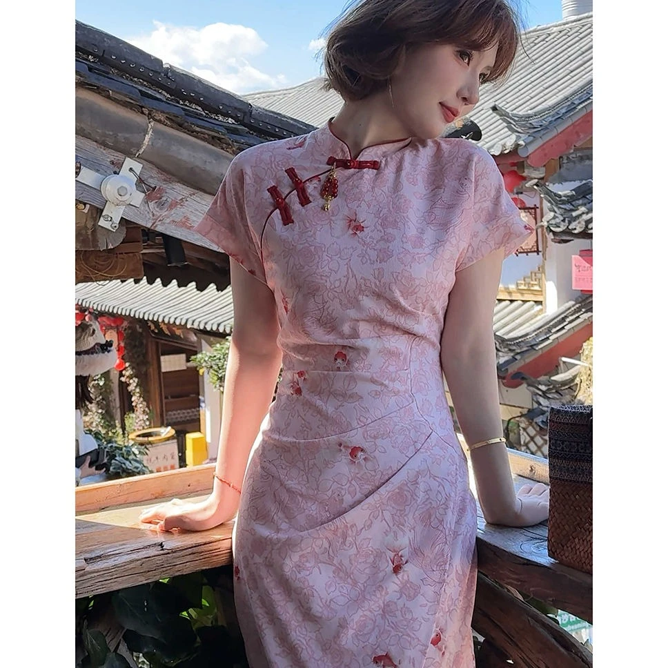 【江南絮】新款显瘦捏褶绑带收腰气质旗袍女夏季新中式短袖连衣裙