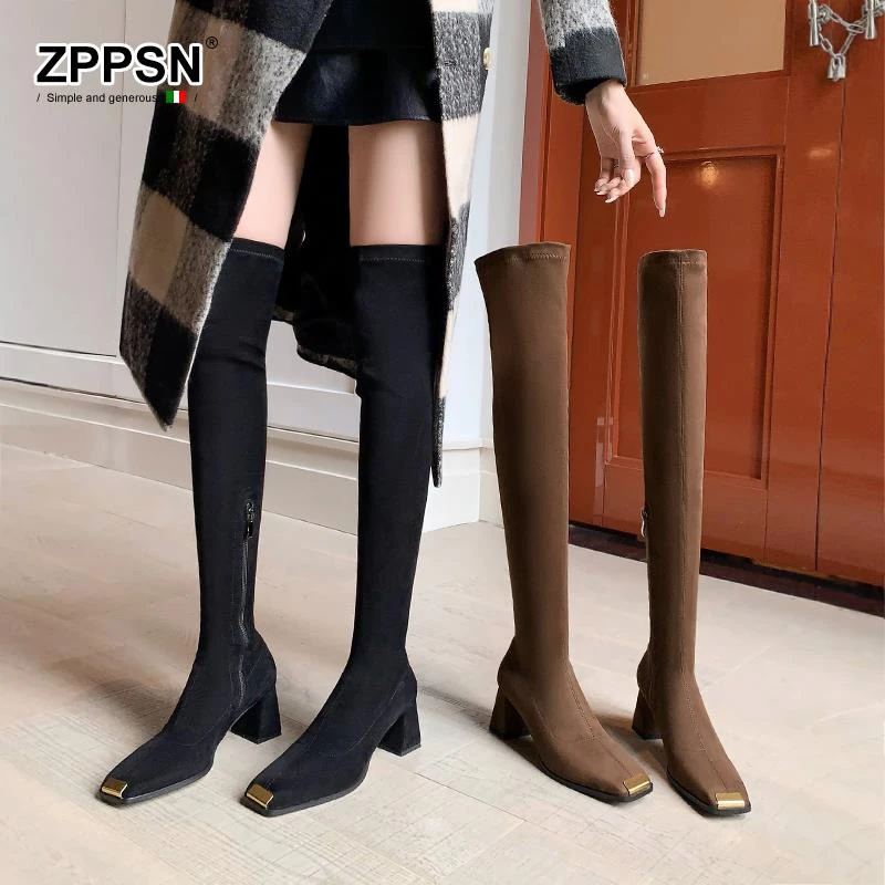 ZPPSN过膝腿粗长靴绒面高筒过膝长靴子长筒靴增高8-10厘米