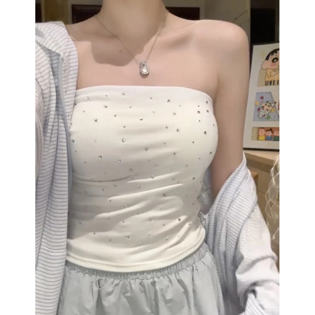 纯欲名媛风气质重工烫砖抹胸背心带胸垫夏季外穿女褶皱修身