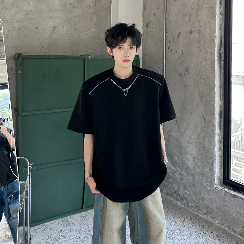 重磅垫肩设计感短袖T恤男生夏季潮牌痞帅体恤上衣美式高街半截袖