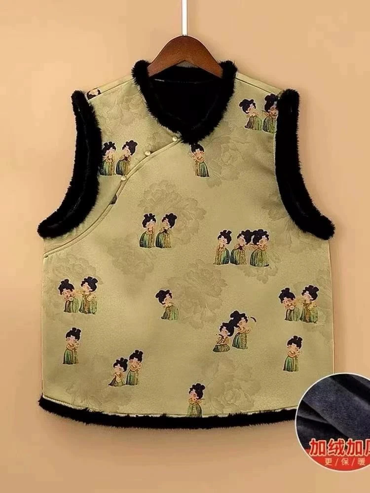 新中式女装国风印花坎肩马甲夏高端优雅气质盘扣立领无袖衬衫上衣