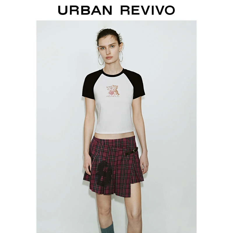 UR2025春季新品女装欧若风撞色插肩袖印花短款修身T恤UYY450040