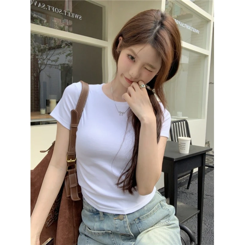 洛凡思掐腰显瘦t恤女短袖夏季新款高腰短款纯色百搭辣妹紧身上衣