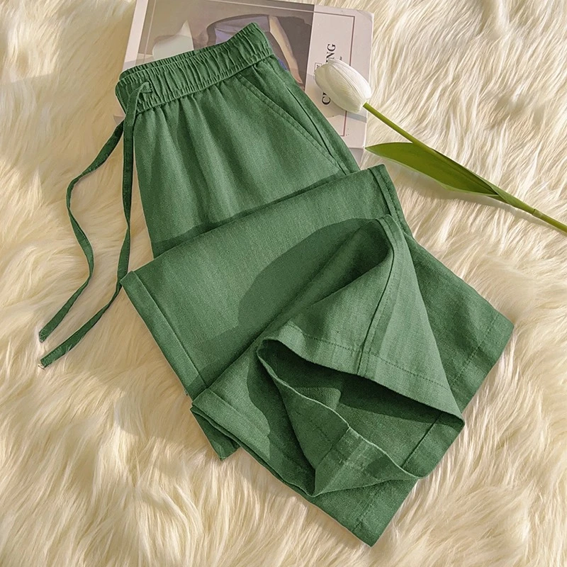 绿色亚麻阔腿裤女士夏季薄款2025新款休闲垂感天丝抗皱棉麻直筒裤