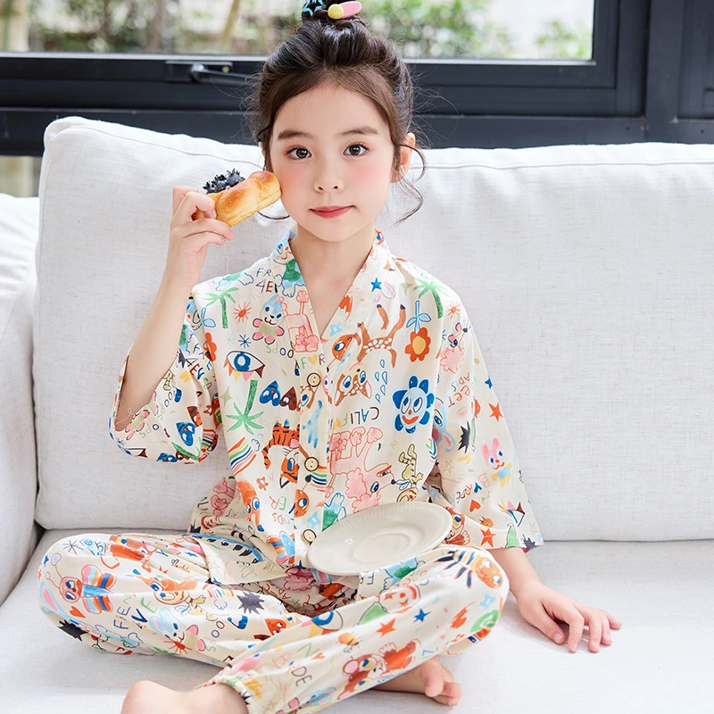 女童男童绵绸套装夏季儿童棉绸睡衣七分袖女孩宝宝薄款空调家居服
