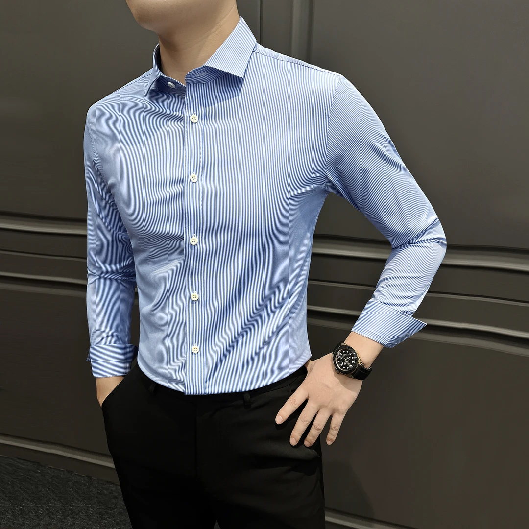 莱赛尔条纹衬衫男款气场强大高级感男装弹力商务休闲男士长袖衬衣