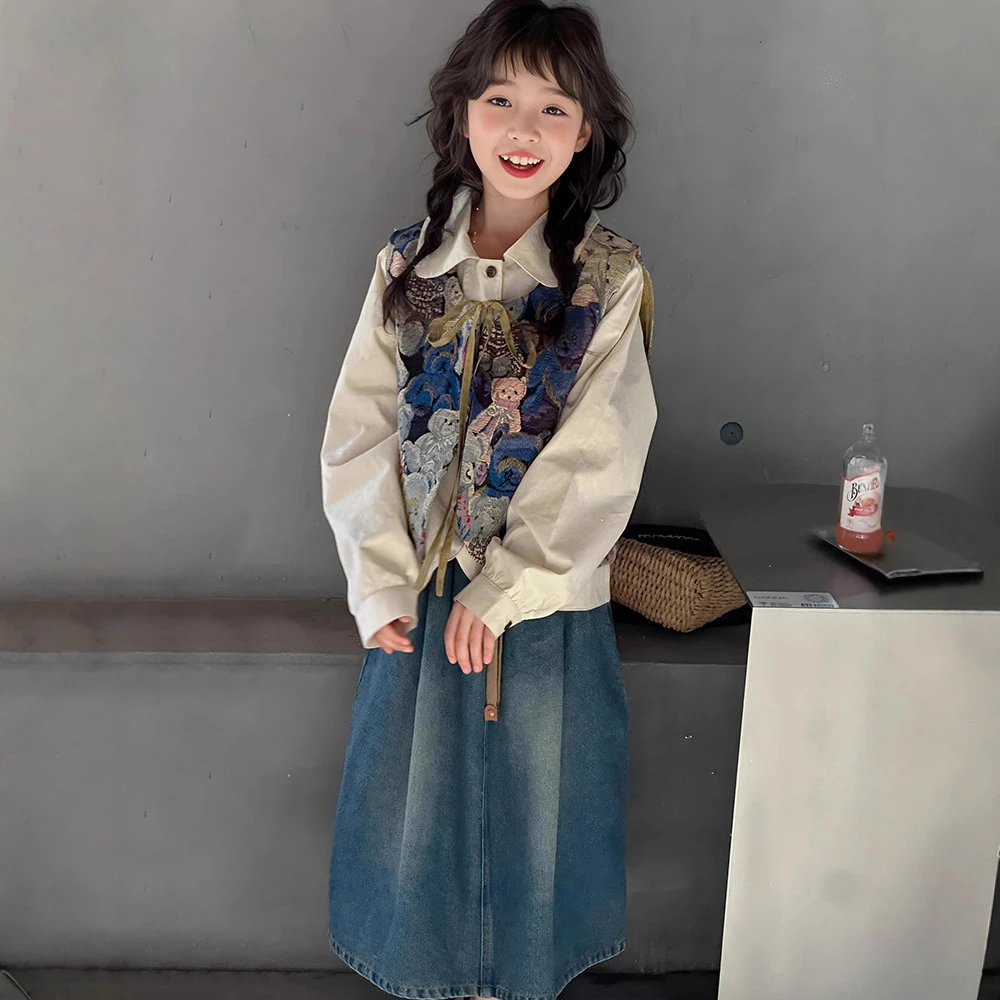 【不梵】2025新款复古马甲纯棉衬衣牛仔裙亲子装三件套-416001