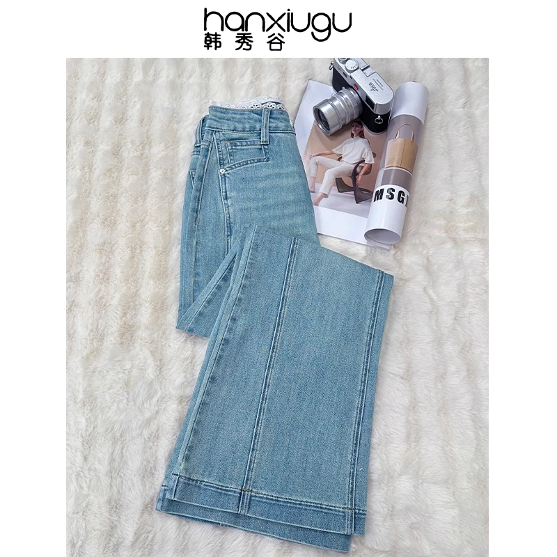 春夏直筒蕾丝边喇叭牛仔裤女2025新款爆款高腰休闲筒喇裤裤子6506