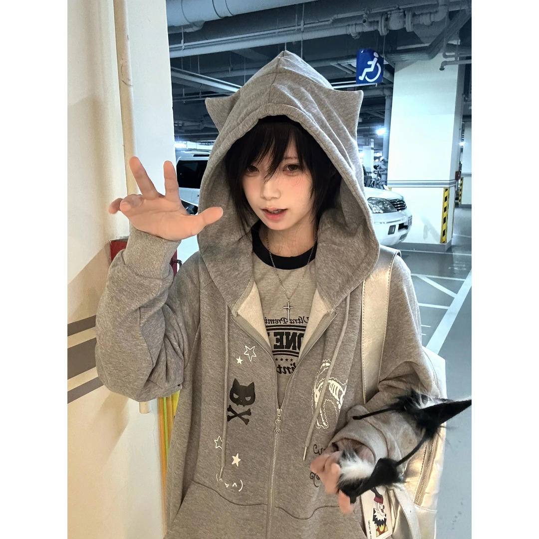 YWBY韩系少女风可爱卡通印花连帽卫衣女春秋款宽松百搭开衫外套