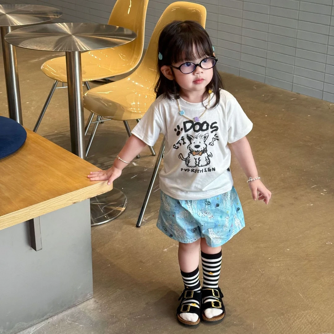 壹妈韩版童装女童夏装套装洋气儿童卡通印花短袖t恤上衣蓝色短裤