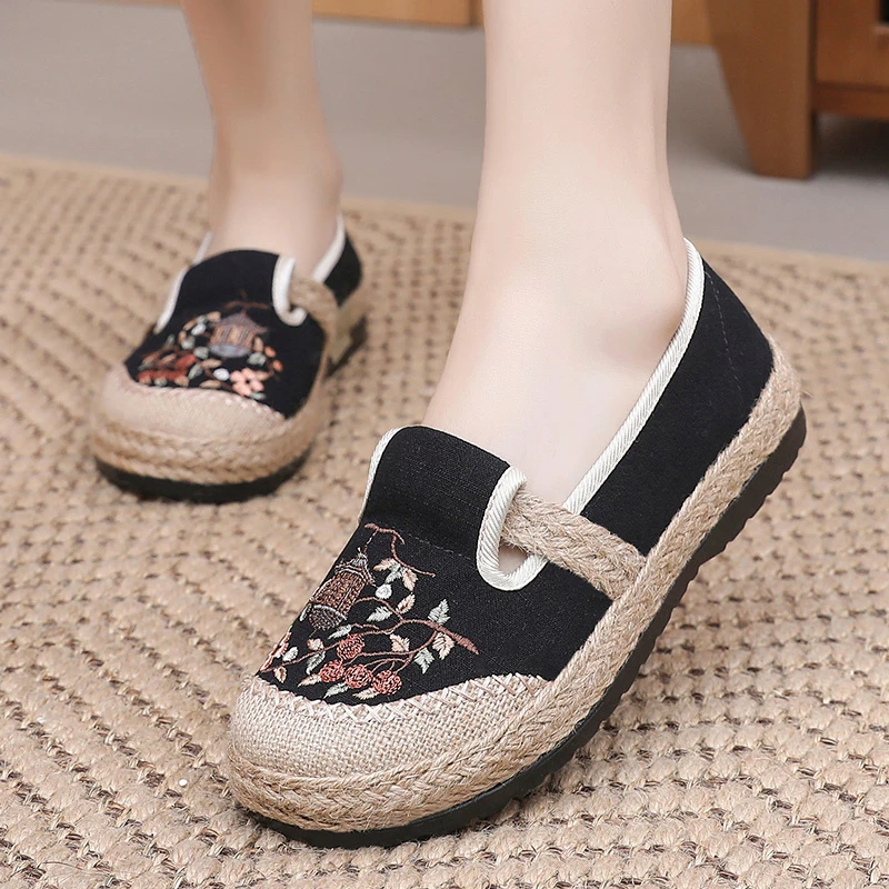 老北京布鞋女亚麻渔夫鞋民族风绣花鞋厚底软底舒适国风女鞋汉服鞋