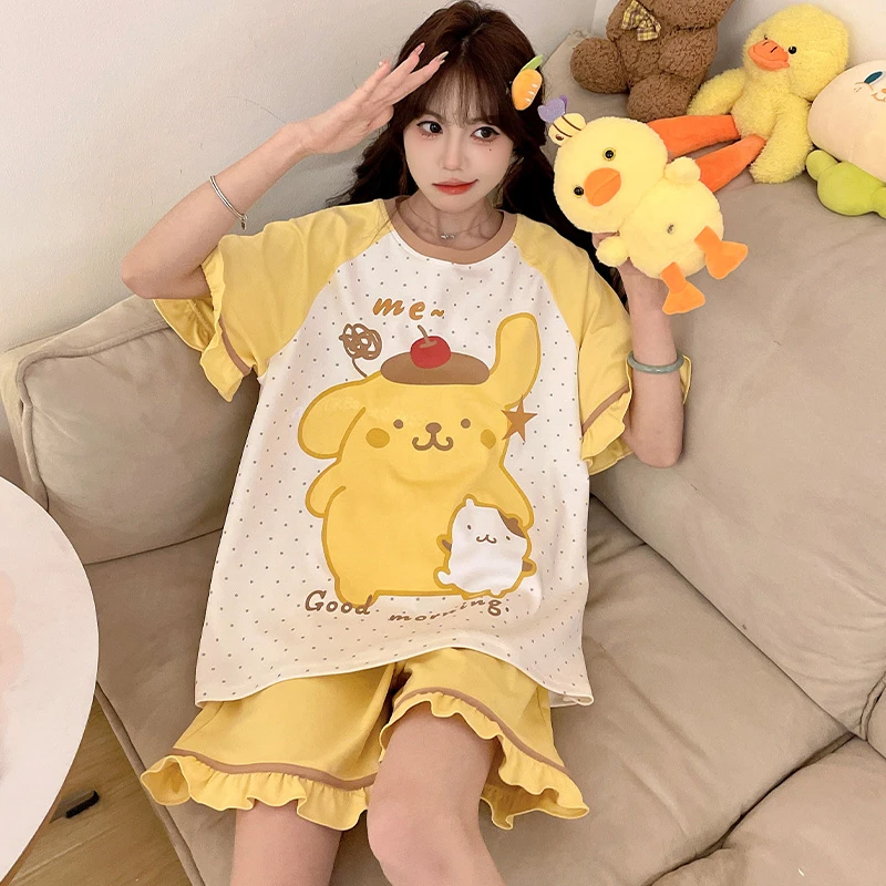 纯棉女士睡衣夏季短袖薄款卡通可爱加大码宽松学生夏天家居服套装