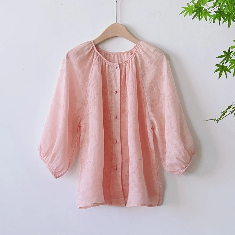 【粉色疏影】夏季烧花苎麻圆领小盘扣宽松上衣小衫 51734