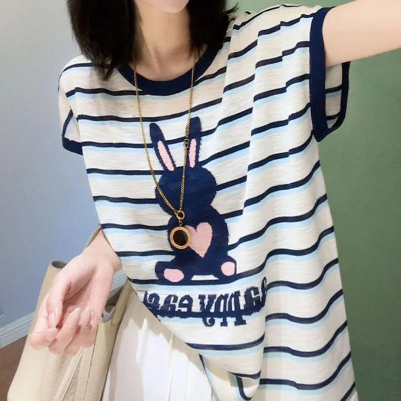竹节棉小兔印花短袖t恤女2025年夏季设计感宽松薄款条纹上衣ins潮