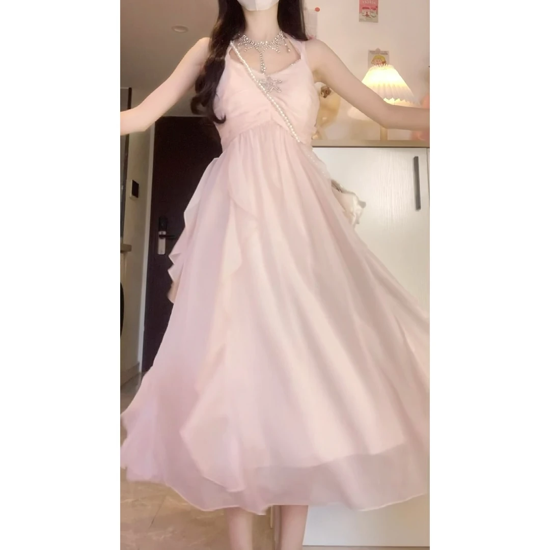 优质版精美女装时尚气质仙气飘带挂脖绑带吊带裙仙女裙连衣裙夏季