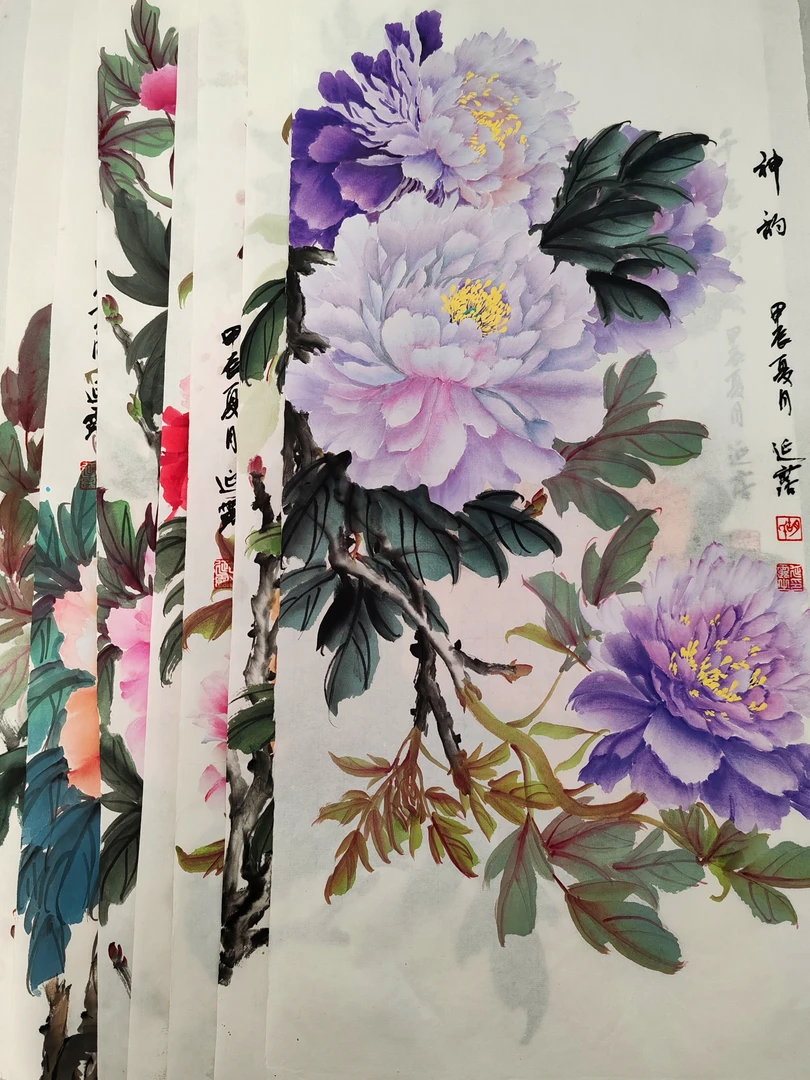 纯手绘4尺4开及三尺斗方牡丹作品(69x34，50❌50)