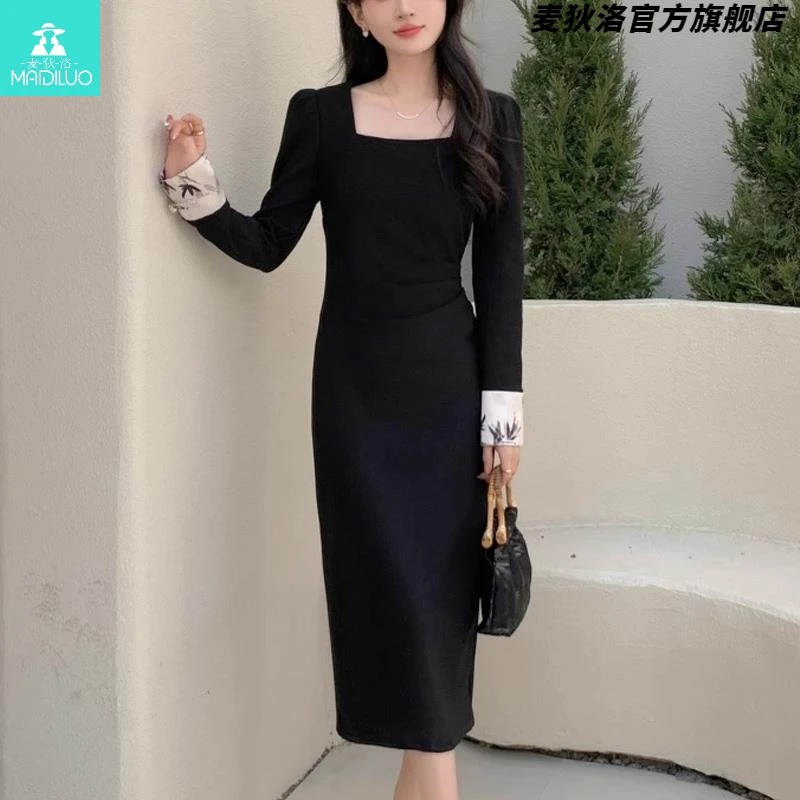 2025冬秋新款复古国风气质方口领撞色拼接长袖新中式开叉连衣裙女