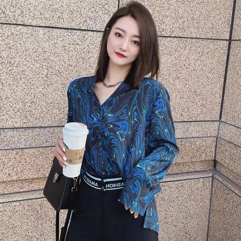 [商场同款]2025春夏新款百搭休闲宽松蓝色印花星空衬衫老爹衬衫