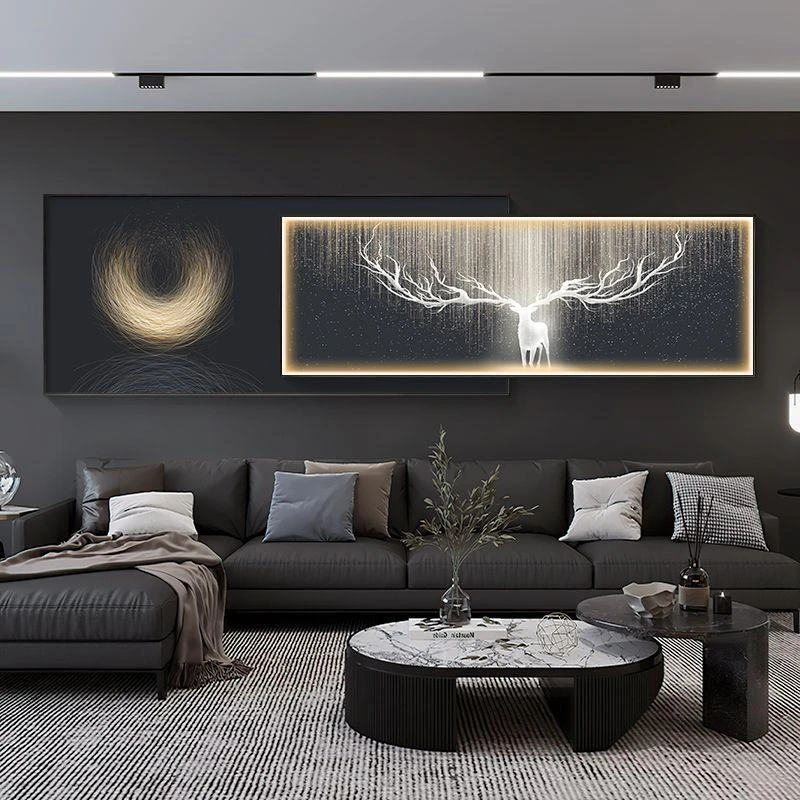 现代轻奢客厅装饰画沙发背景墙客厅挂画简约带灯画卧室床头壁画