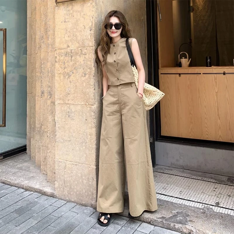 时尚洋气背心+高腰阔腿裤休闲套装女2025夏季新款韩版气质一整套