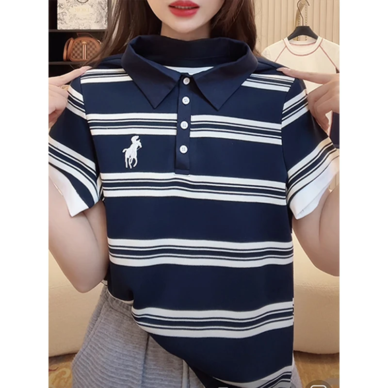 时尚简约polo领条纹T恤2025夏新款宽松百搭小衫正肩显瘦短袖上衣
