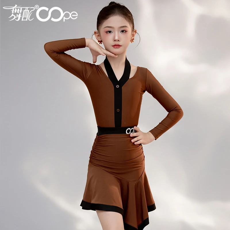 WL51399-2025新款拉丁舞服练功服女童oope舞配舞服棕色长袖训练服